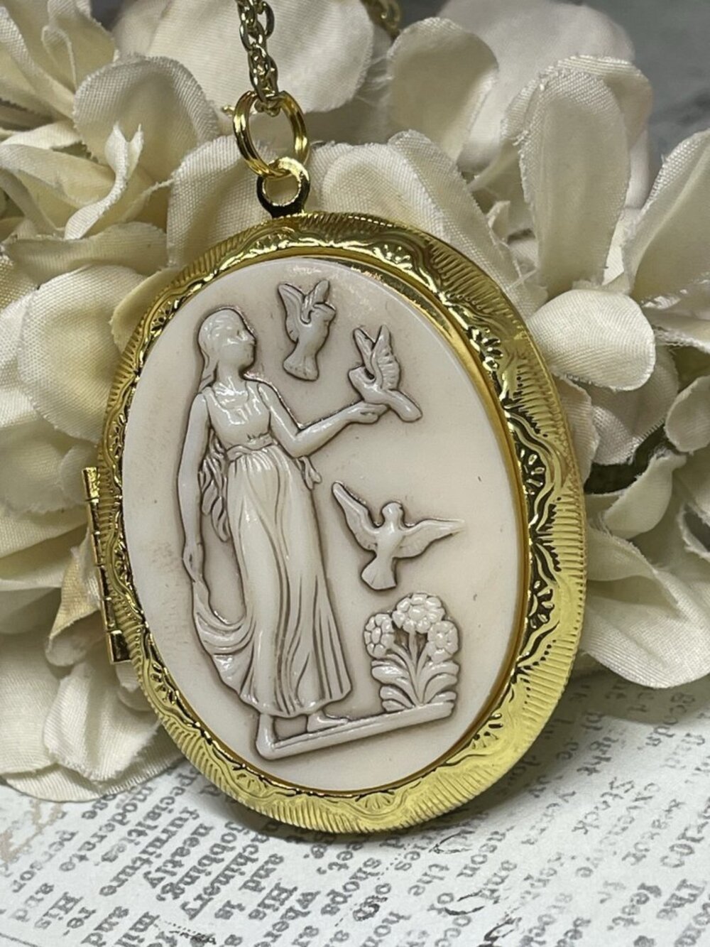 Gold  White Neoclassical Slate Carved Bird Lady Dove Necklace Locket Jewelry